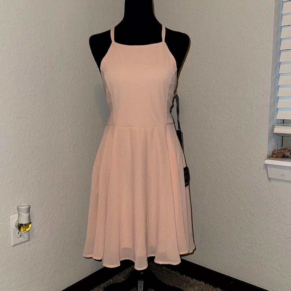 Lulus Blush Pink Backless Skater Dress Women's Large Bodice Fitted Waist NEW NWT